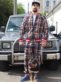 Premium Red & Beige Plaid Gentlemen Tracksuit — plaid bomber jacket and joggers, worn outdoors with a dog