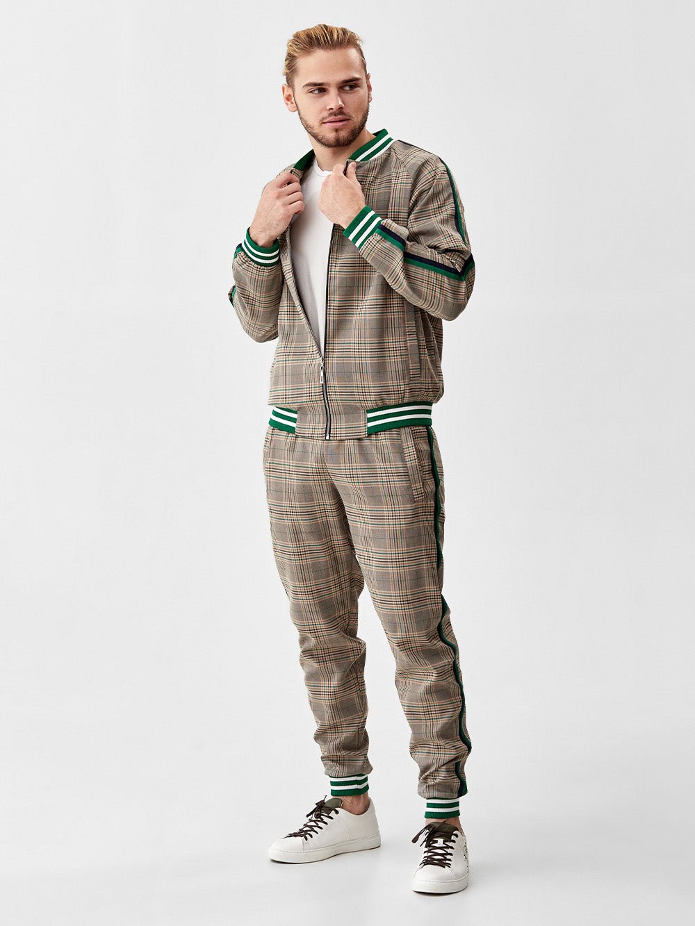 Khaki Glen Plaid Gentlemen Tracksuit — three-quarter front view