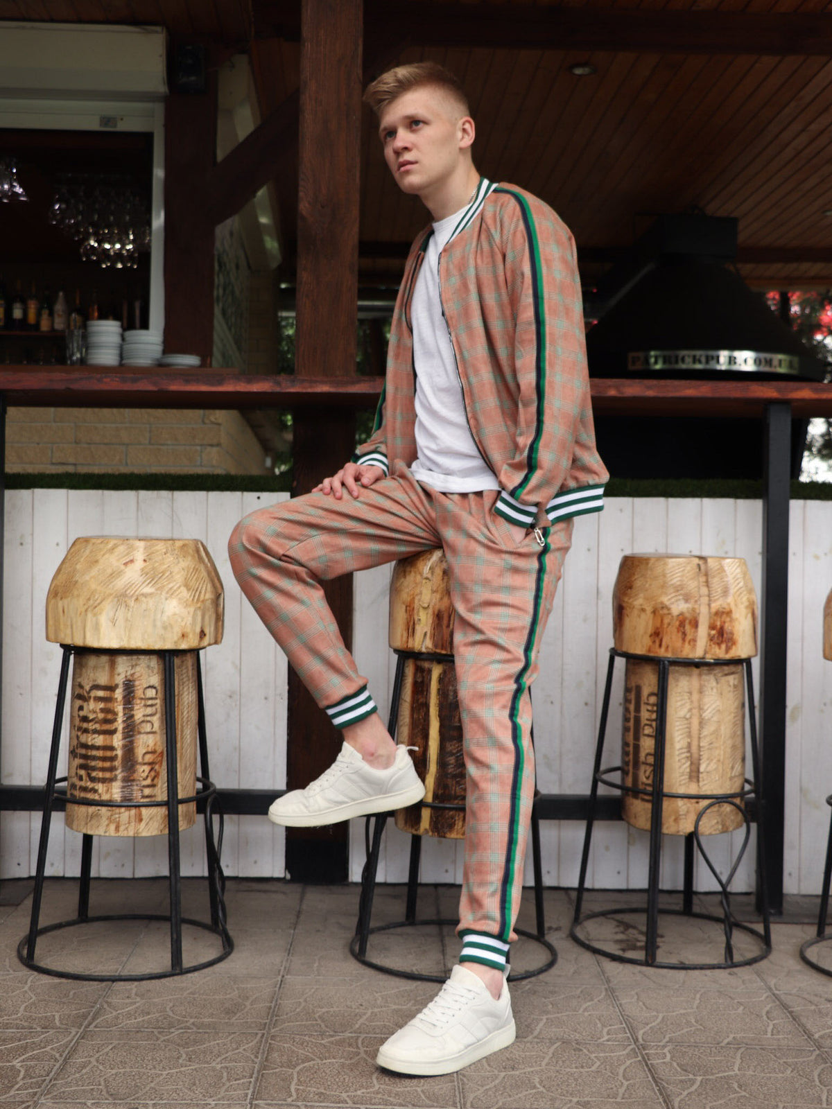 Rust Checkered Gentlemen Tracksuit — checkered bomber jacket and joggers, front view