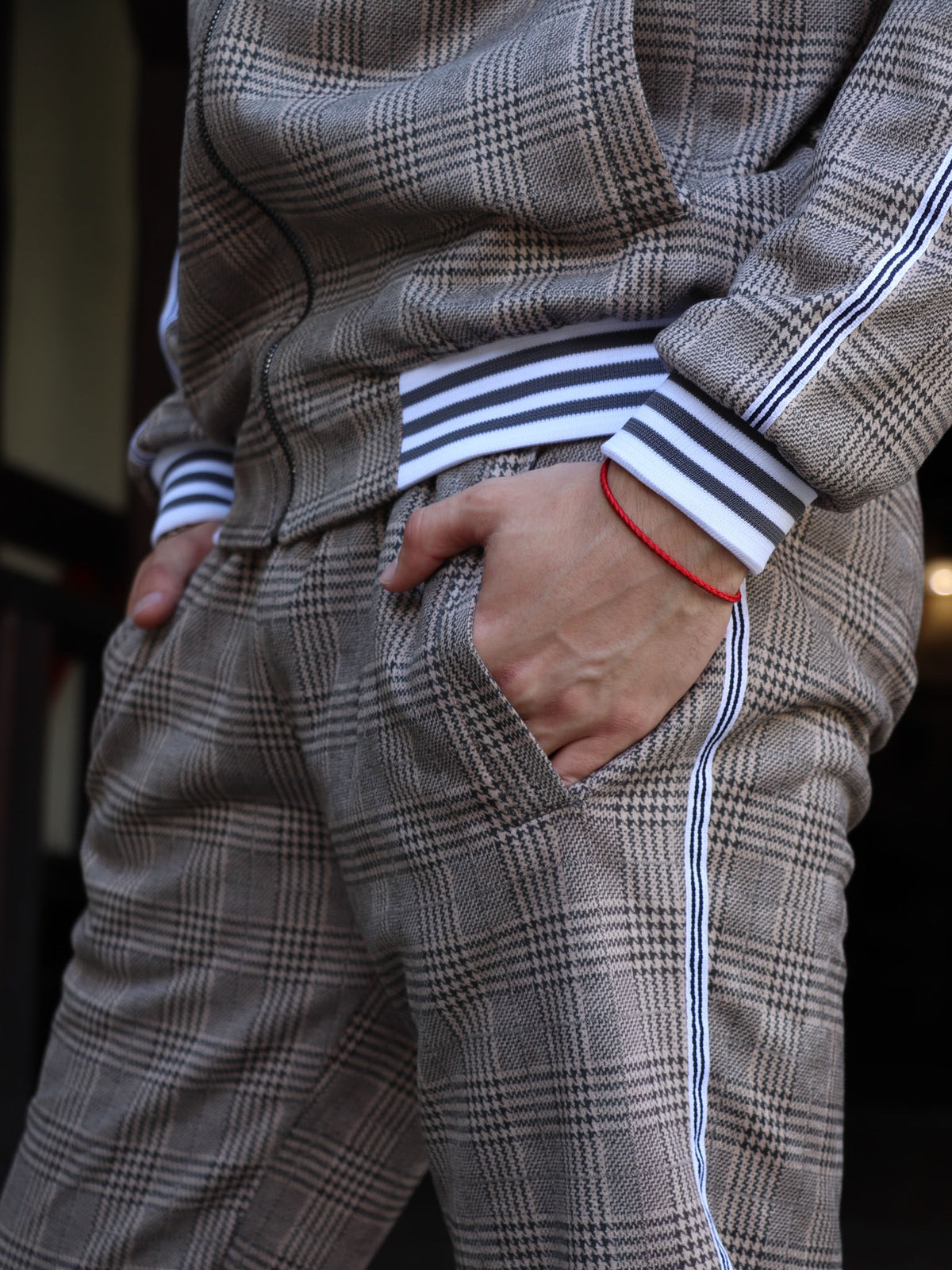 Beige Glen Plaid Gentlemen Tracksuit — close-up of the cuff and pocket
