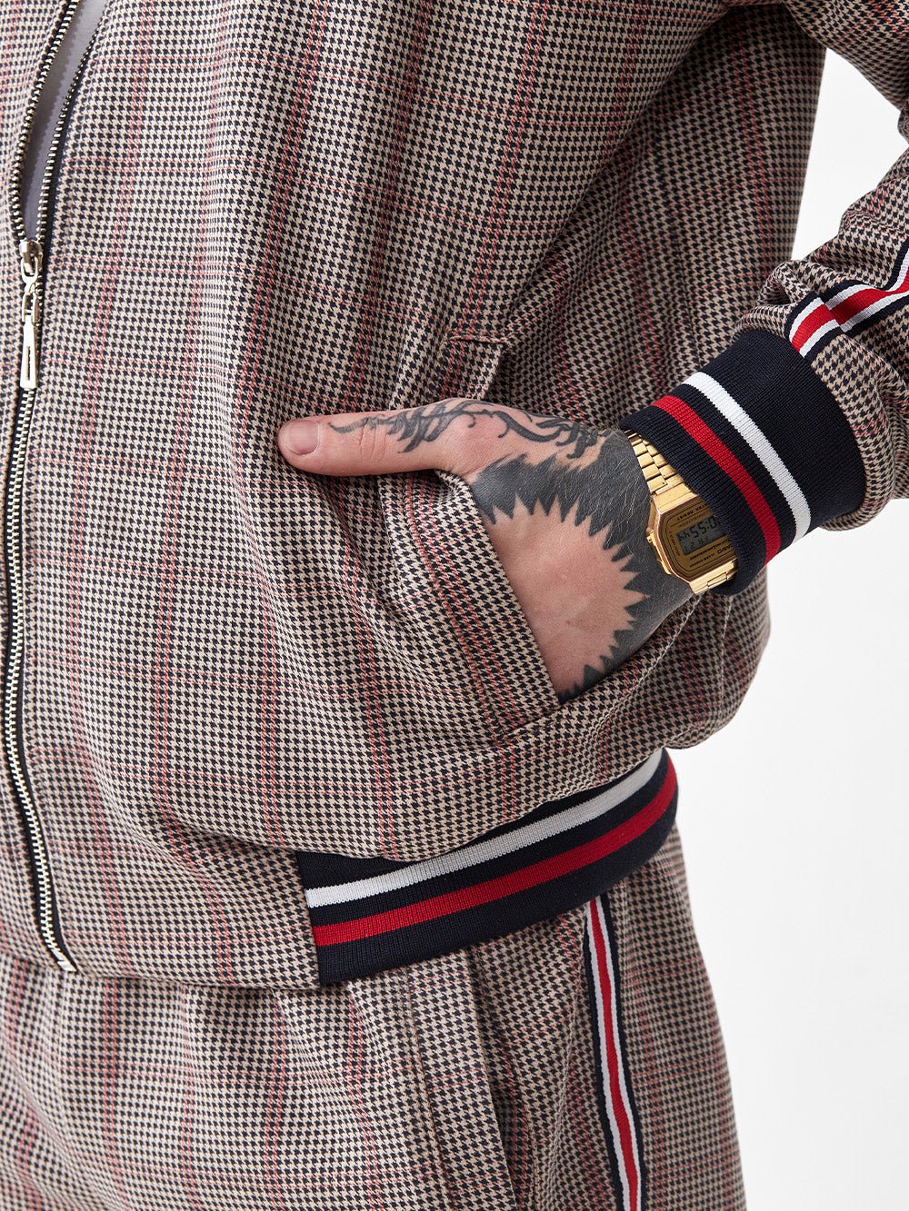 Brown Glen Plaid Gentlemen Tracksuit — close-up of the cuff and pocket