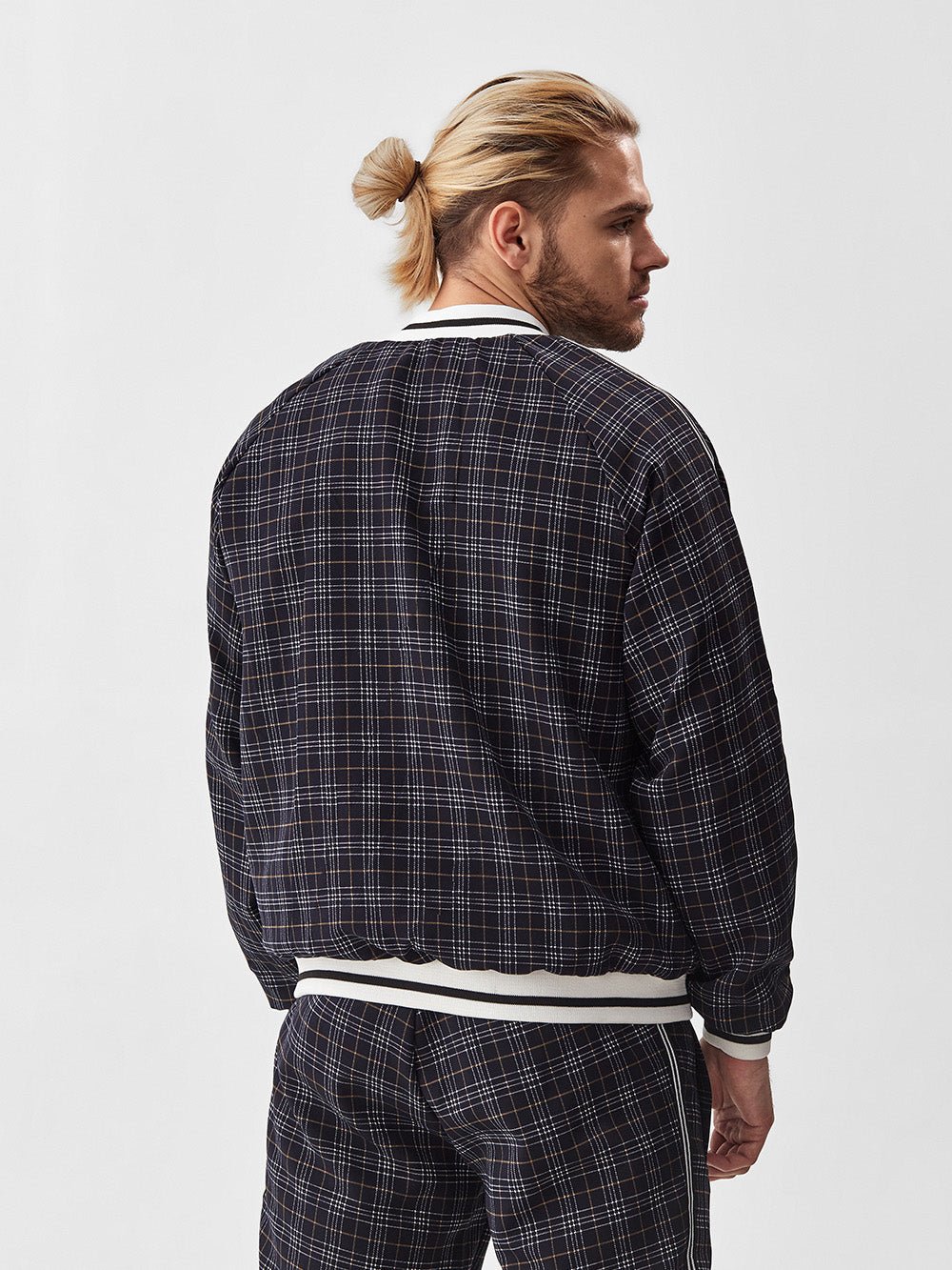 Charcoal Plaid Gentlemen Tracksuit — close-up of the jacket back