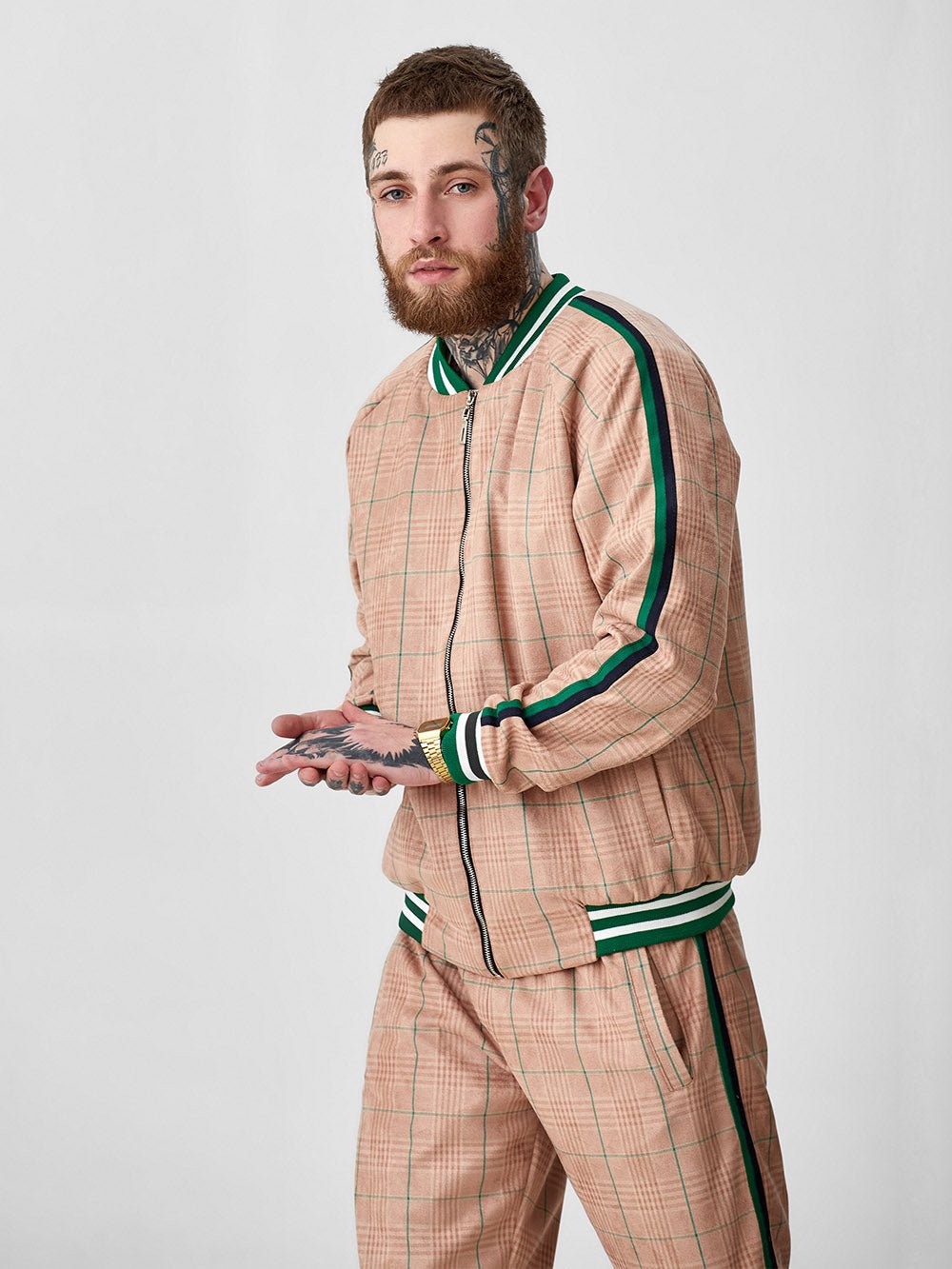 Peach Glen Plaid Gentlemen Tracksuit — glen plaid bomber jacket and joggers, jacket close-up