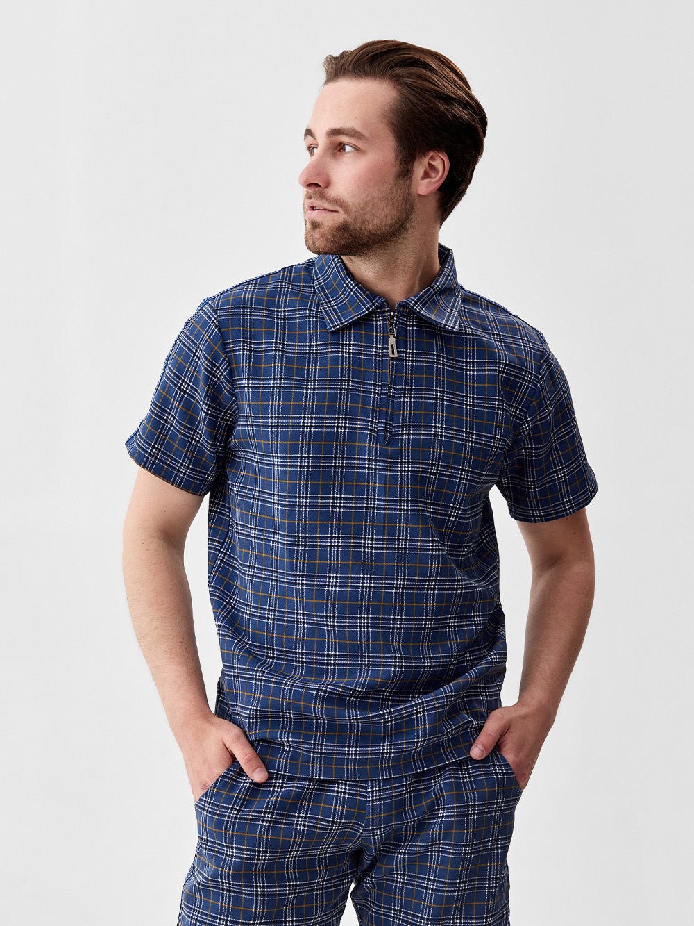 Blue Plaid Summer Set — plaid polo shirt and shorts inspired by The Gentlemen, shirt close-up