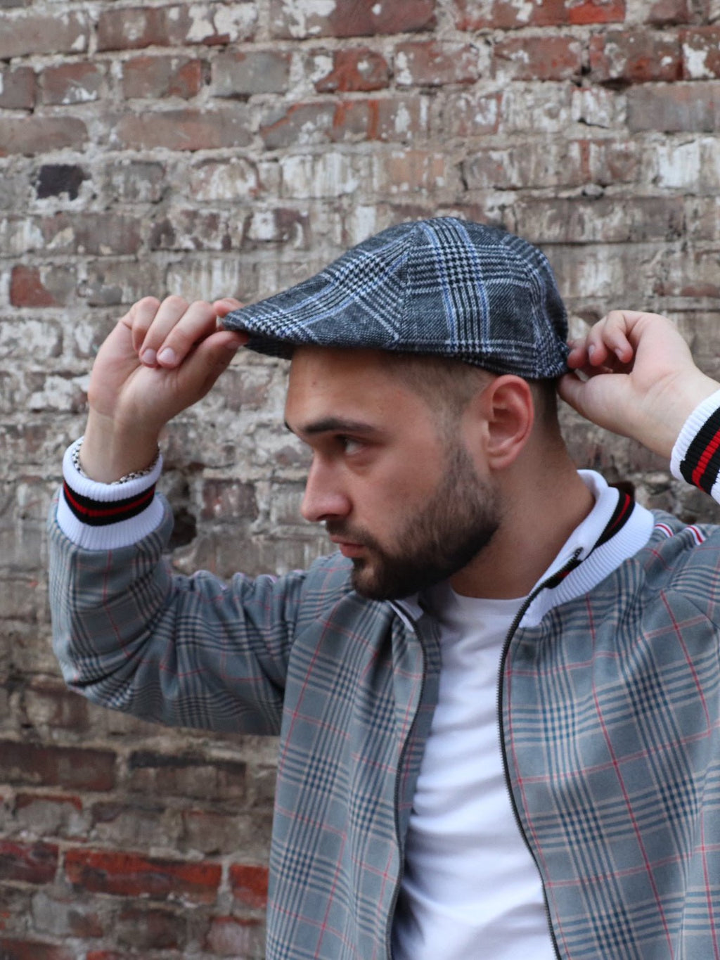 Grey Glen Plaid Flat Cap — glen plaid flat cap inspired by The Gentlemen, on the model