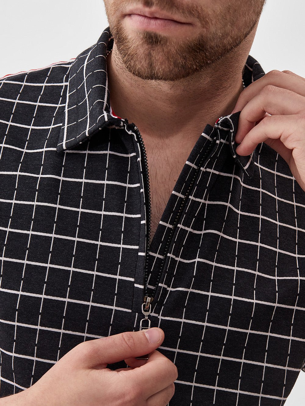 Black Windowpane Summer Set — close-up of the polo collar and zipper