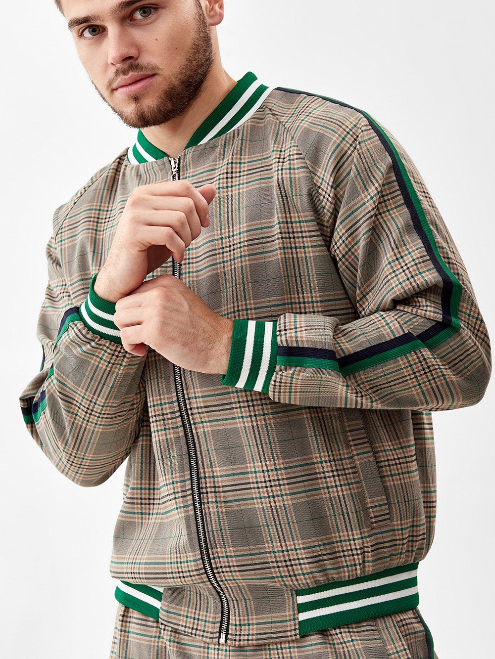 Khaki Glen Plaid Gentlemen Tracksuit — close-up of the bomber jacket, three-quarter view