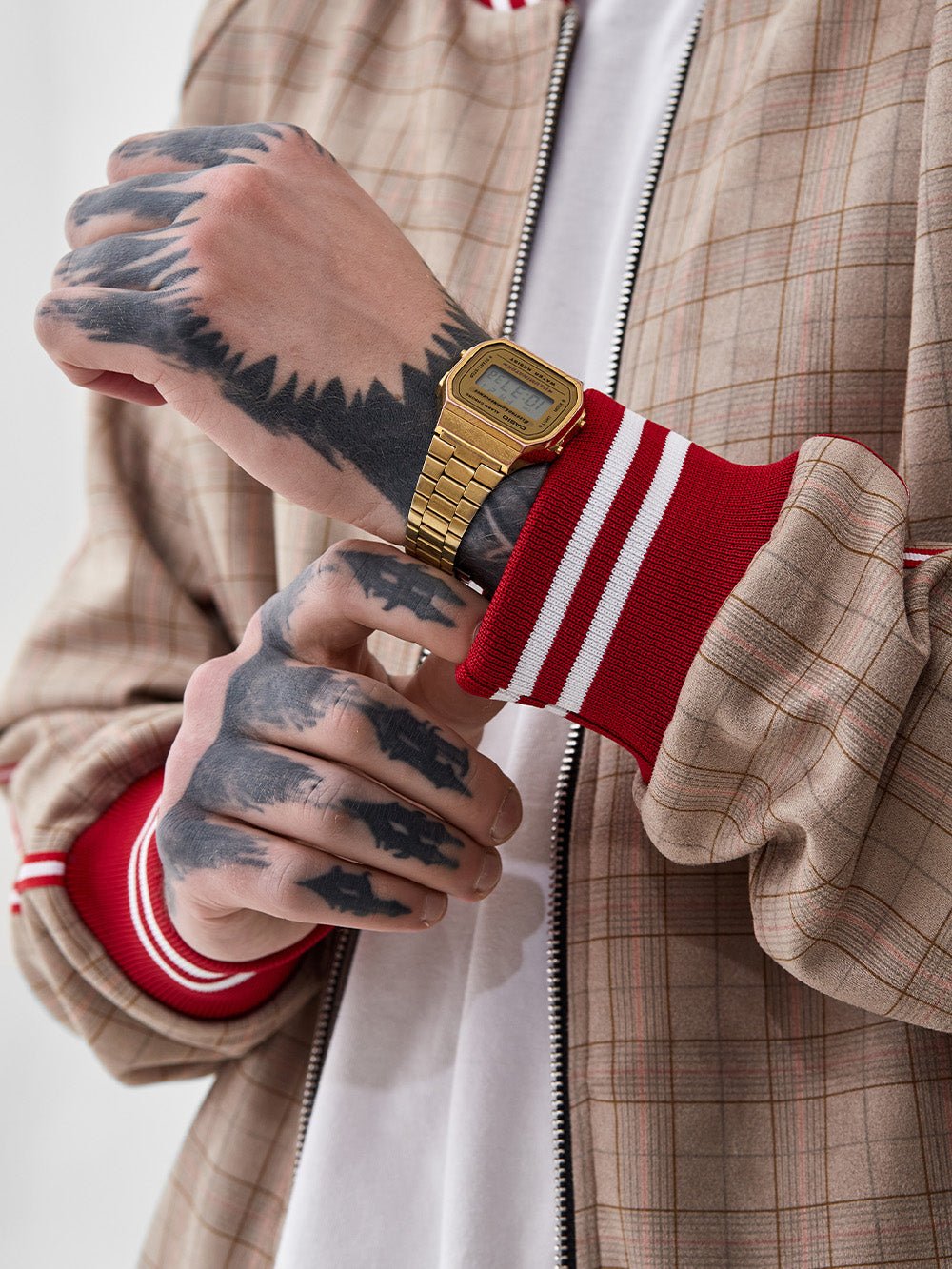 Beige & Red Glen Plaid Gentlemen Tracksuit — close-up of the ribbed cuff