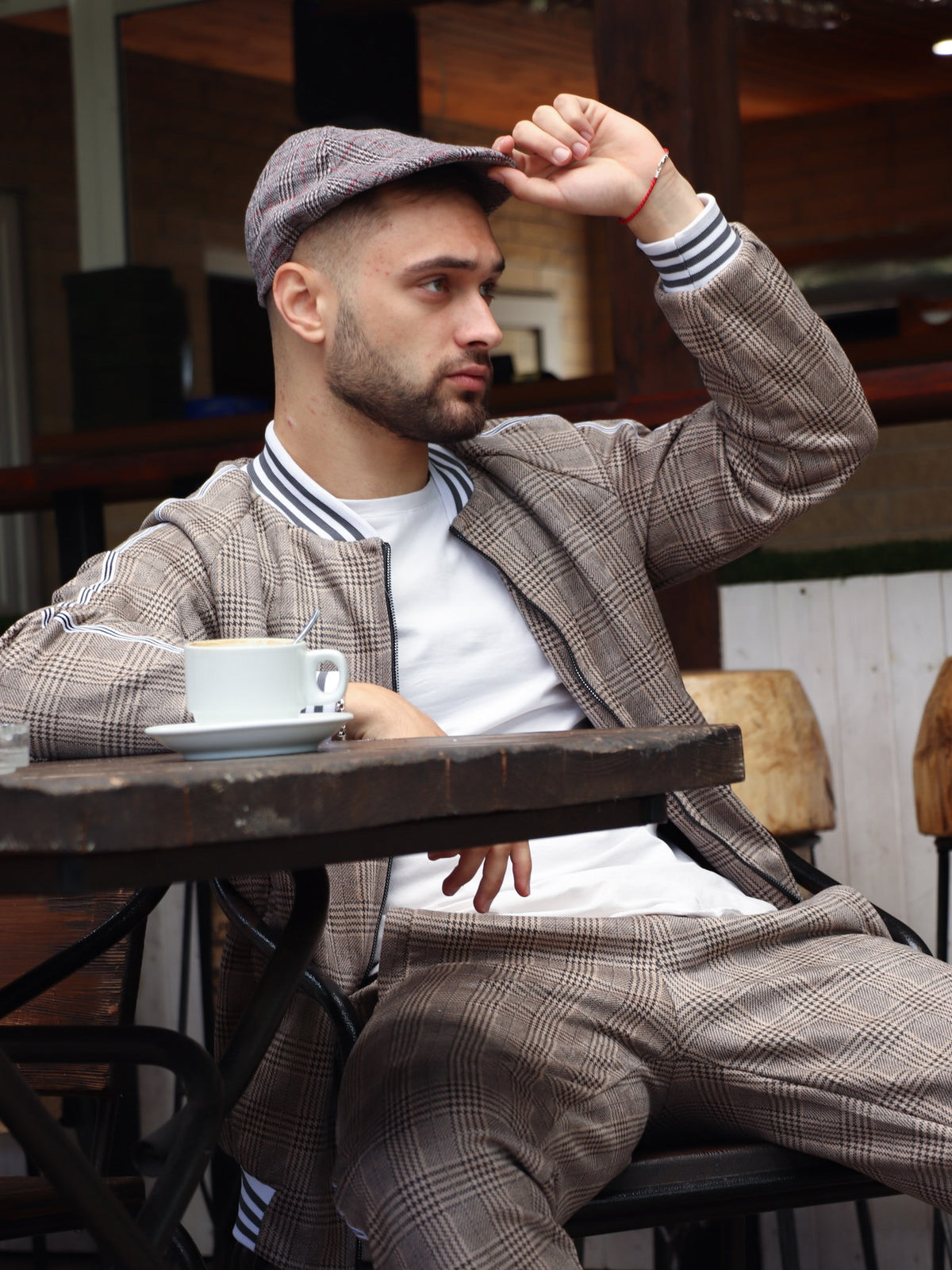 Beige Glen Plaid Gentlemen Tracksuit — seated pose