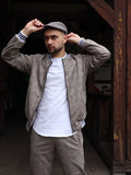 Beige Glen Plaid Gentlemen Tracksuit — glen plaid bomber jacket and joggers, front view, jacket open