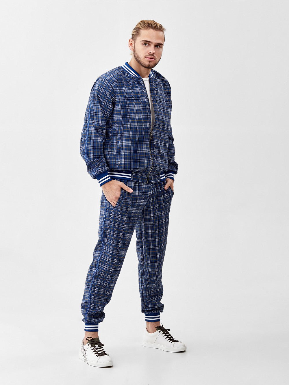 Navy Plaid Gentlemen Tracksuit — plaid bomber jacket and joggers, front view