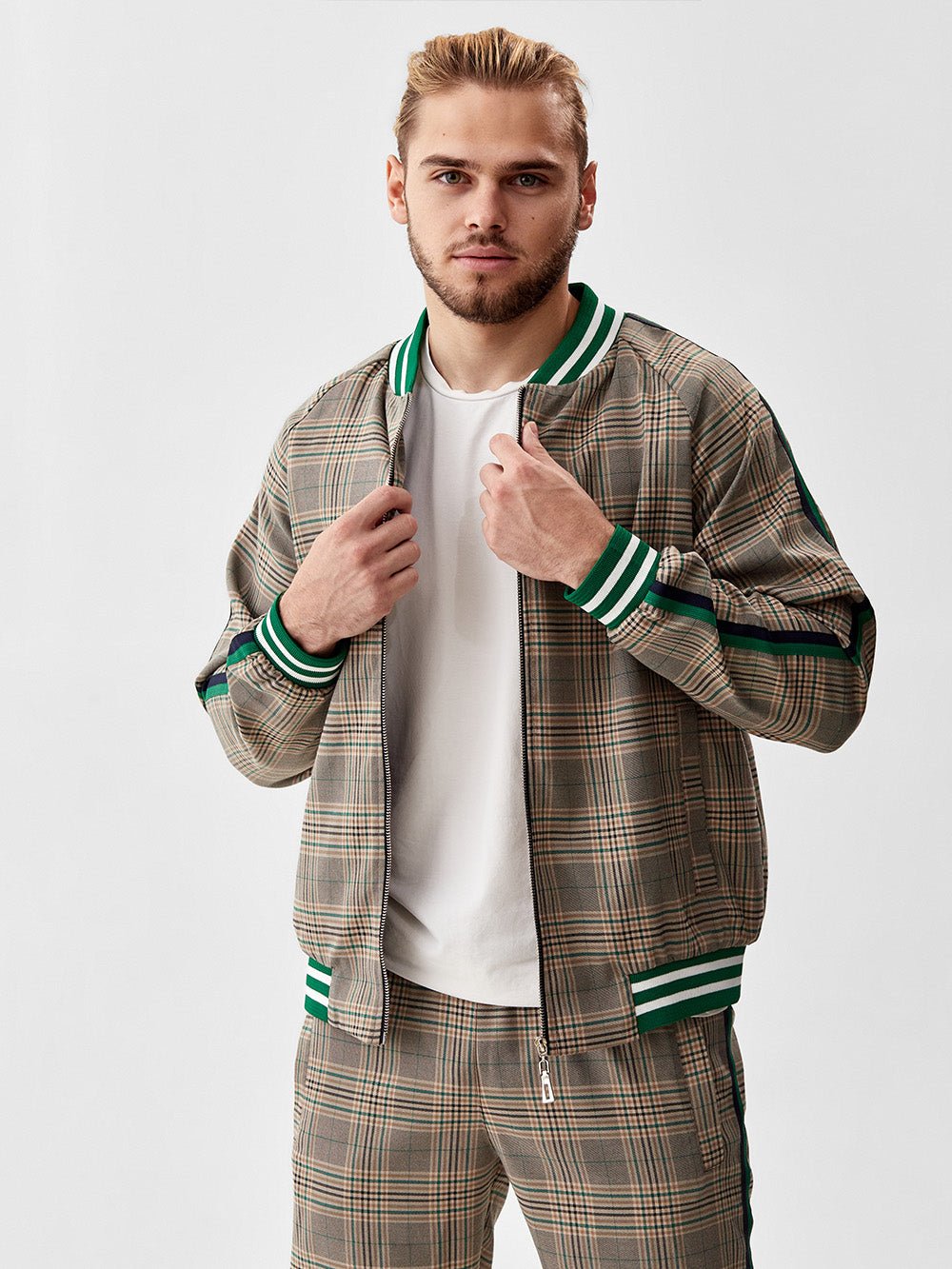Khaki Glen Plaid Gentlemen Tracksuit — glen plaid bomber jacket and joggers, jacket close-up