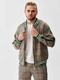Khaki Glen Plaid Gentlemen Tracksuit — glen plaid bomber jacket and joggers, jacket close-up