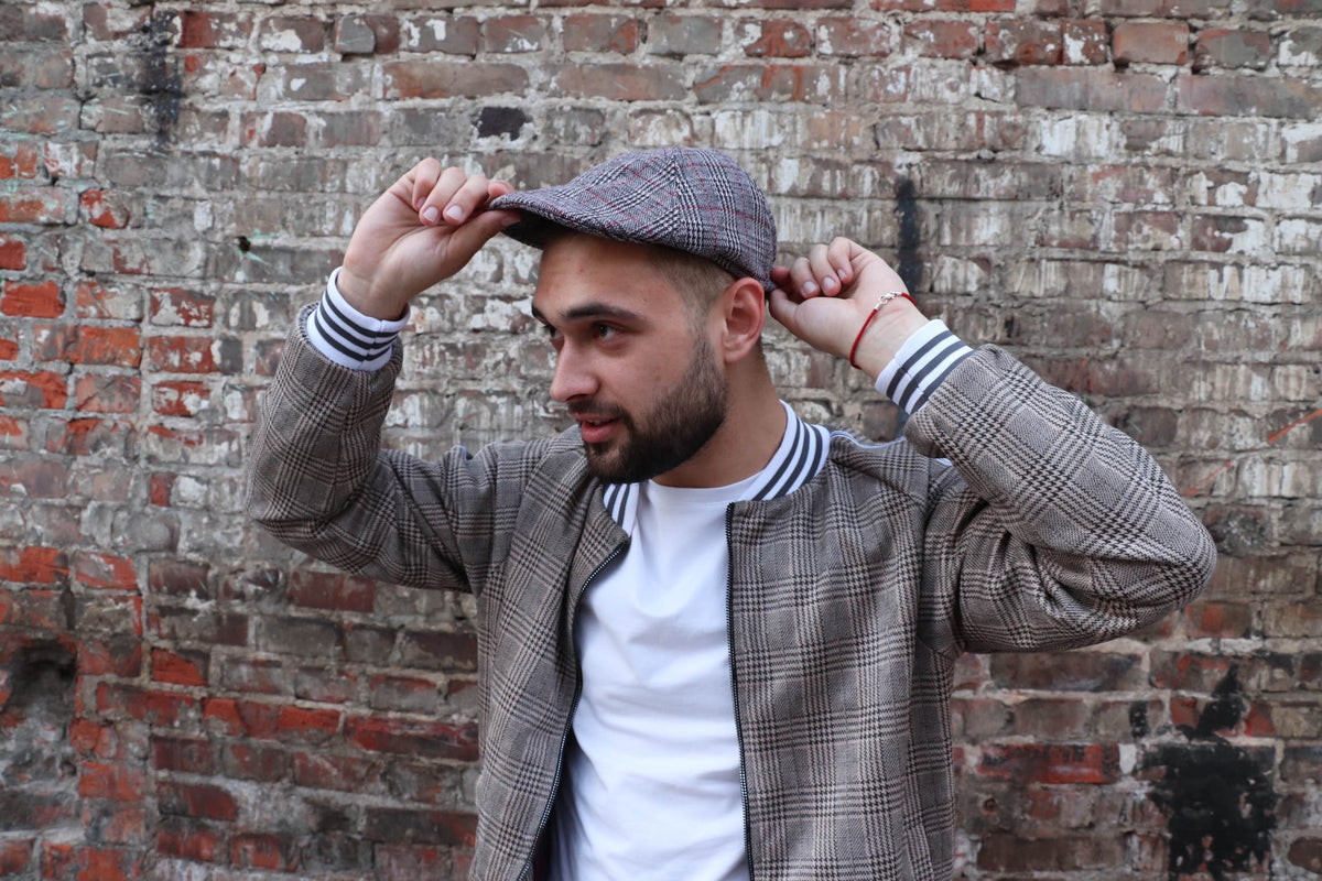 Brown Glen Plaid Flat Cap — on the model, another angle