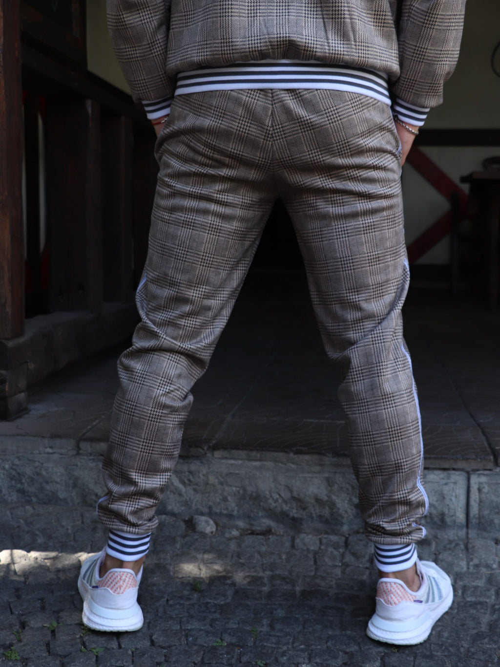 Beige Glen Plaid Gentlemen Tracksuit — joggers, back view