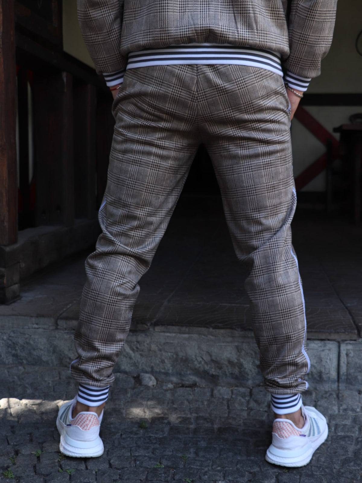 Beige Glen Plaid Gentlemen Tracksuit — joggers, back view