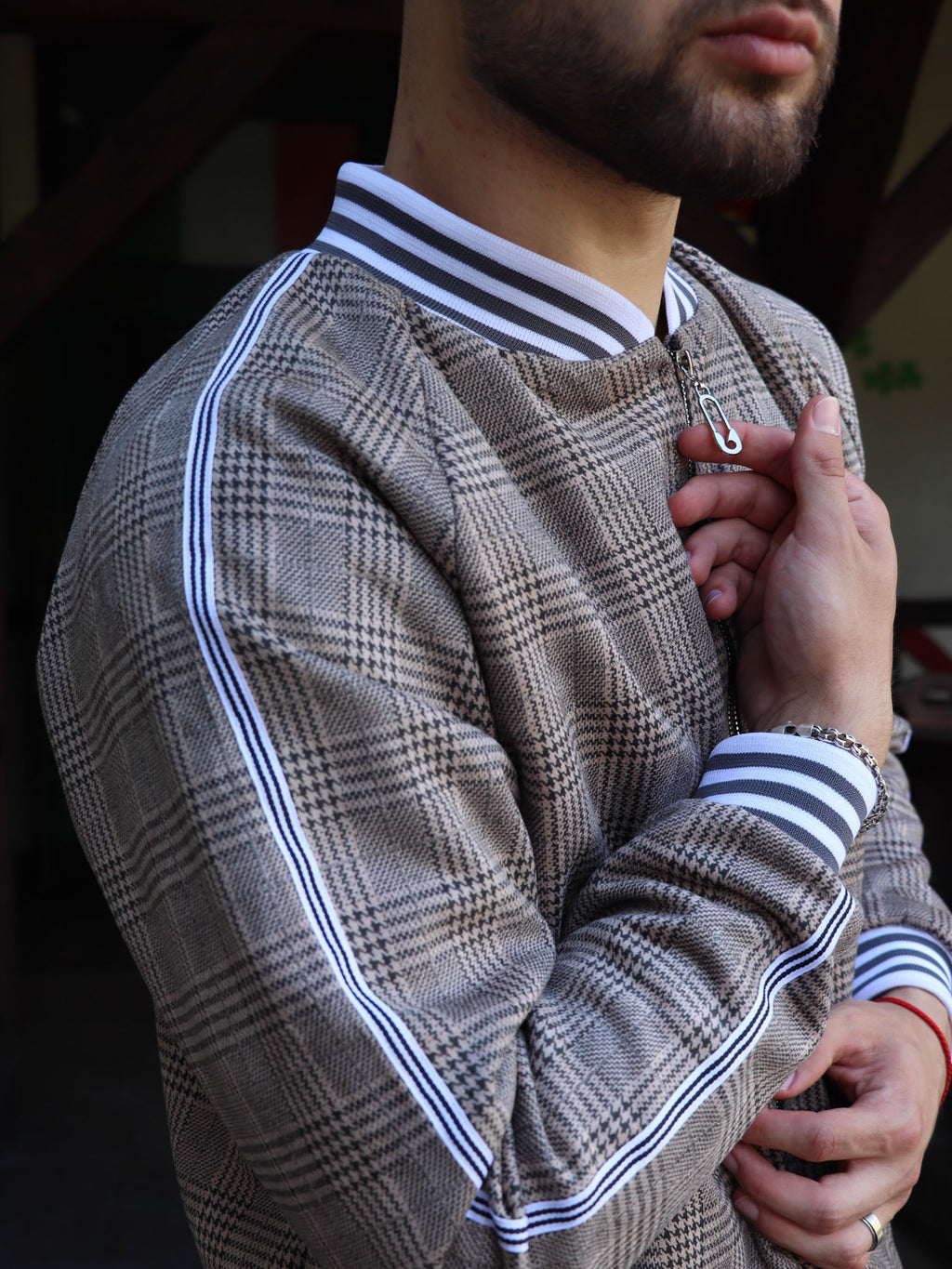 Beige Glen Plaid Gentlemen Tracksuit — close-up of the jacket, side view