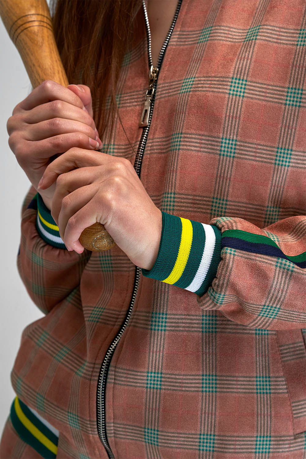 Women's Rust Plaid Tracksuit — close-up of the ribbed cuff