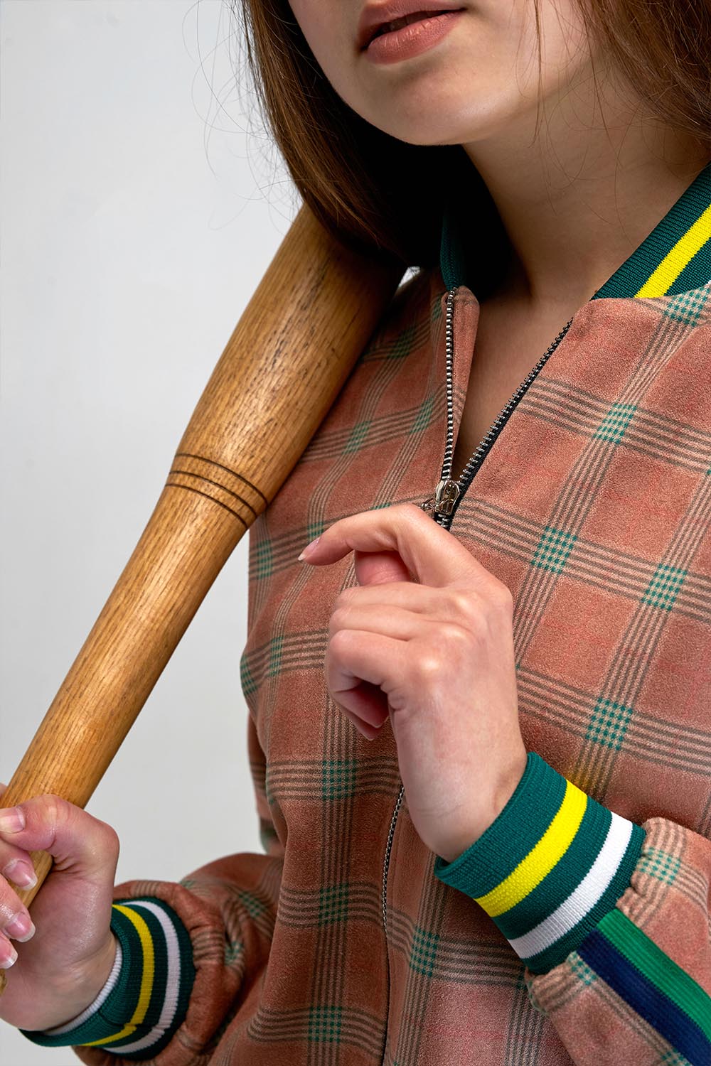 Women's Rust Plaid Tracksuit — close-up of the collar and zipper