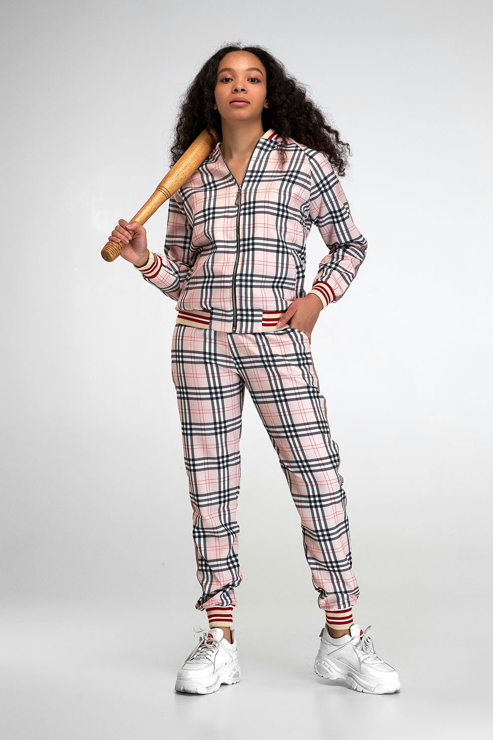 Women's Pink Tartan Tracksuit — tartan bomber jacket and joggers inspired by The Gentlemen, front view