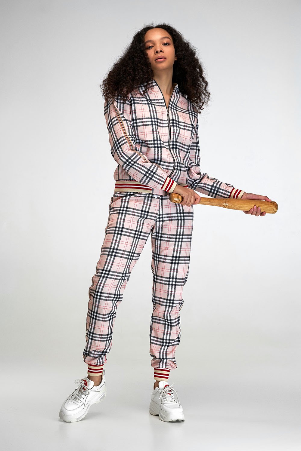 Women's Pink Tartan Tracksuit — three-quarter front view