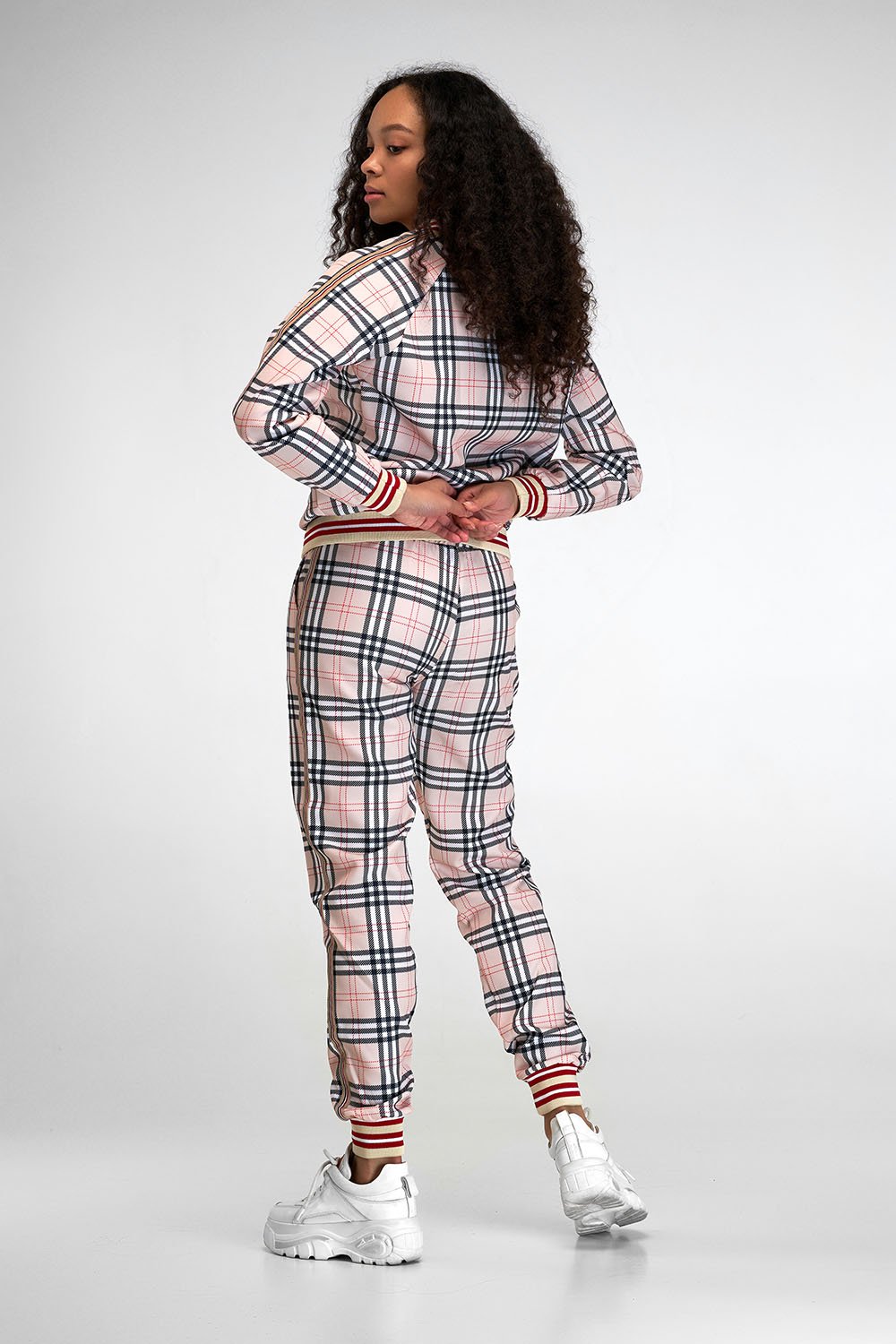 Women's Pink Tartan Tracksuit — front view, another angle