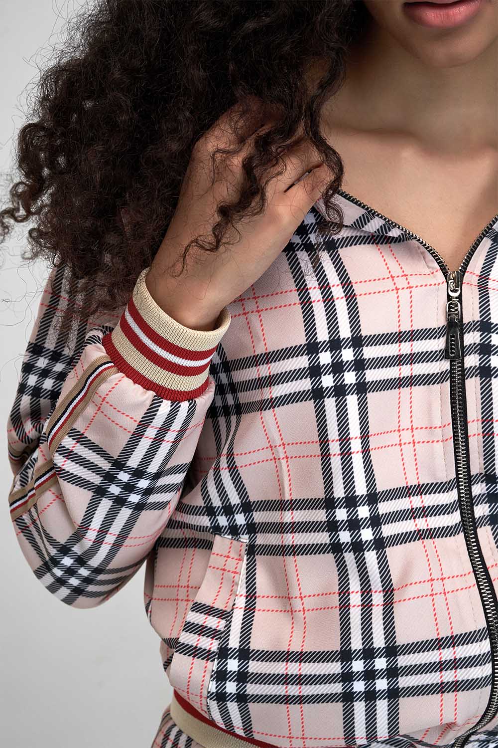 Women's Pink Tartan Tracksuit — close-up of the bomber jacket