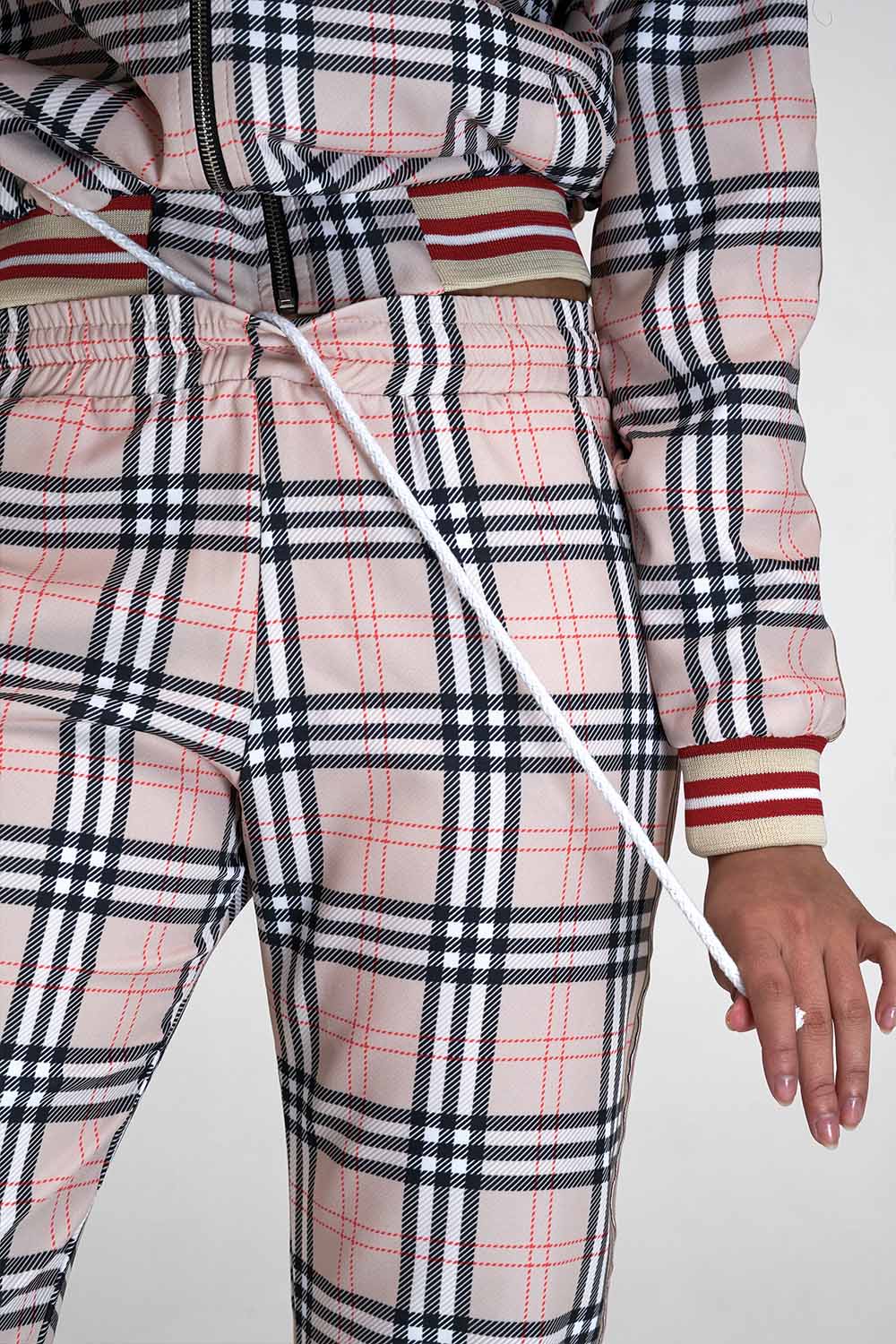 Women's Pink Tartan Tracksuit — close-up of the jogger drawstring