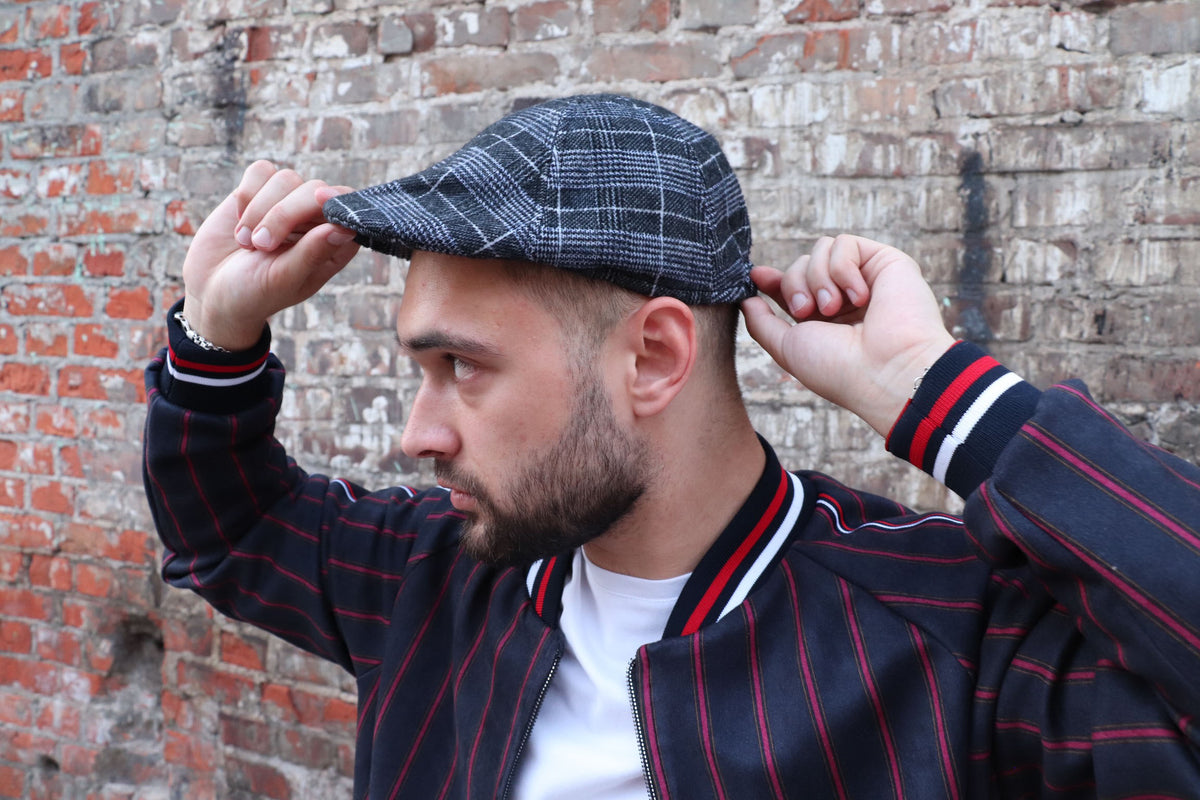 Navy Tartan Flat Cap — on the model, fourth angle