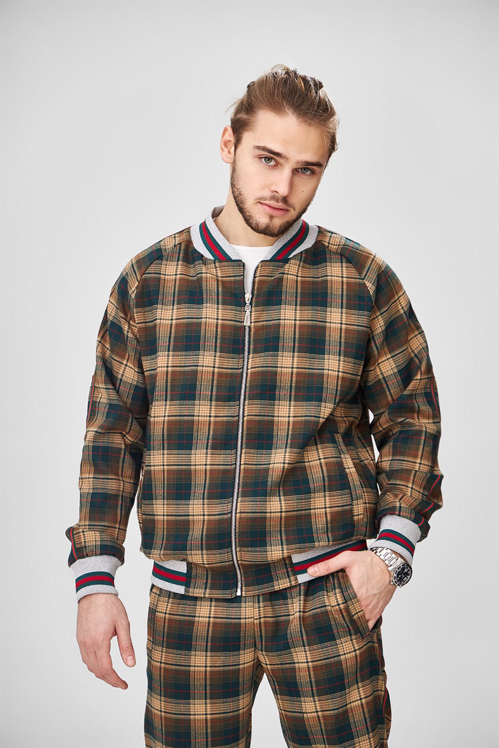 Brown & Green Tartan Gentlemen Tracksuit — tartan bomber jacket and joggers, jacket close-up