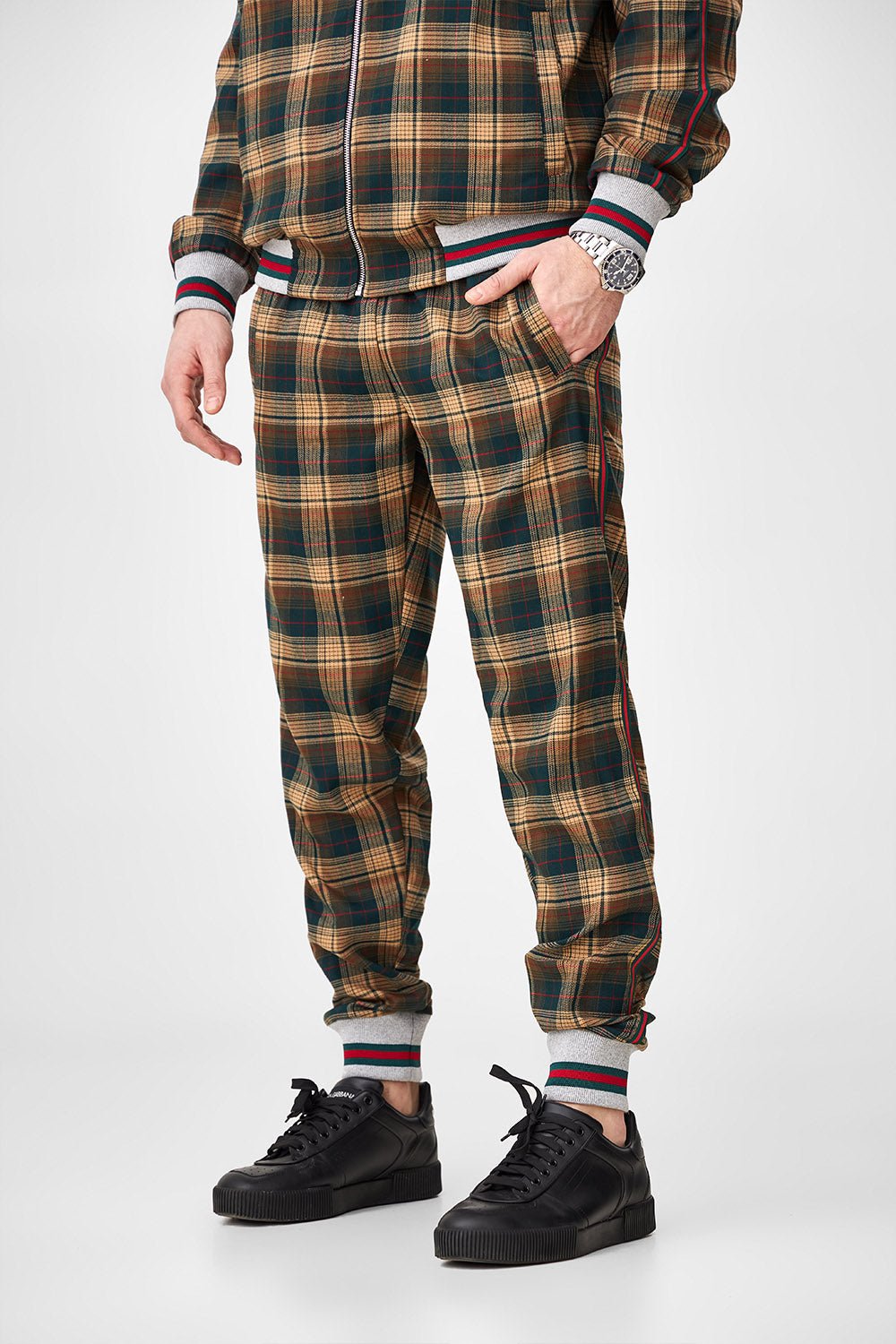 Brown & Green Tartan Gentlemen Tracksuit — close-up of the joggers