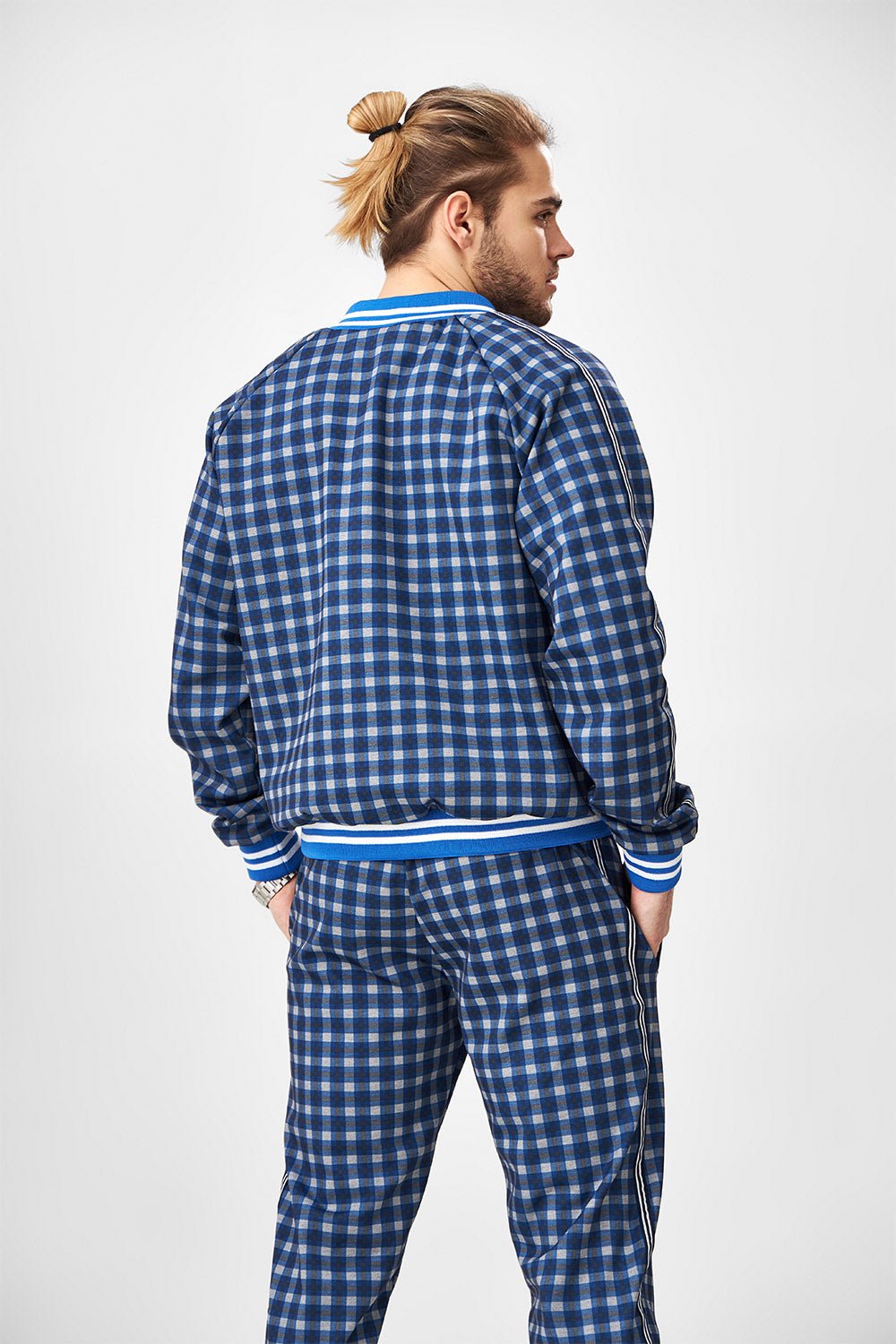 Blue Gingham Check Gentlemen Tracksuit — close-up of the jacket back