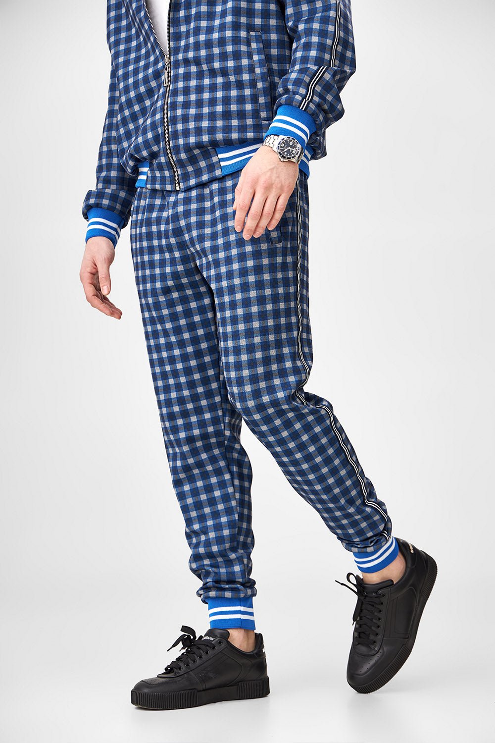 Blue Gingham Check Gentlemen Tracksuit — close-up of the joggers