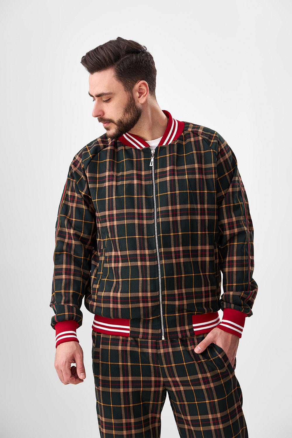 Dark Green Tartan Gentlemen Tracksuit — close-up of the bomber jacket, three-quarter view