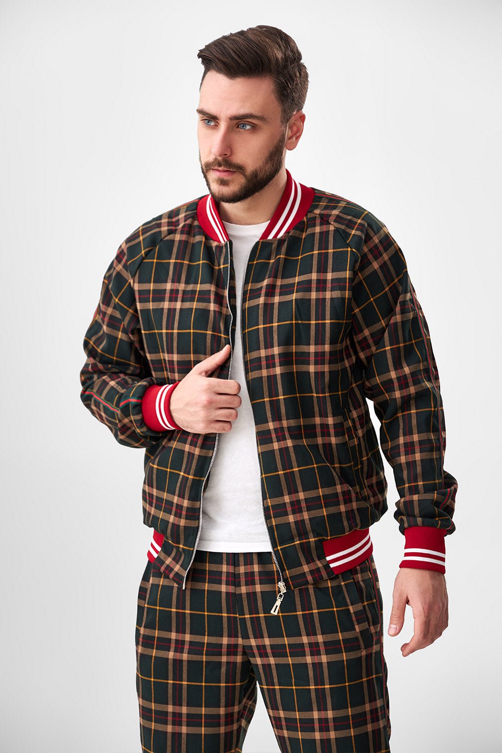 Dark Green Tartan Gentlemen Tracksuit — tartan bomber jacket and joggers, jacket close-up