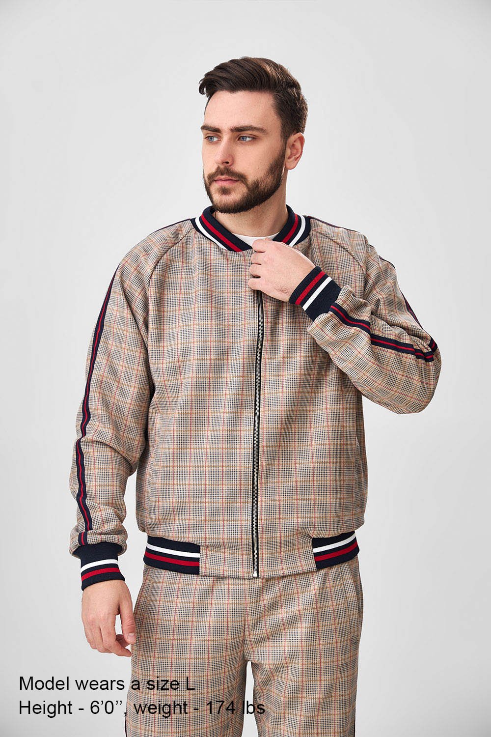 Beige Plaid Gentlemen Tracksuit — close-up of the bomber jacket