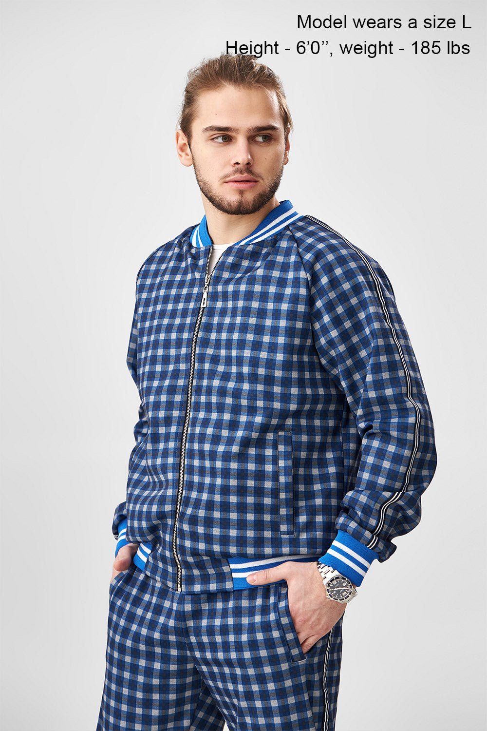 Blue Gingham Check Gentlemen Tracksuit — close-up of the bomber jacket