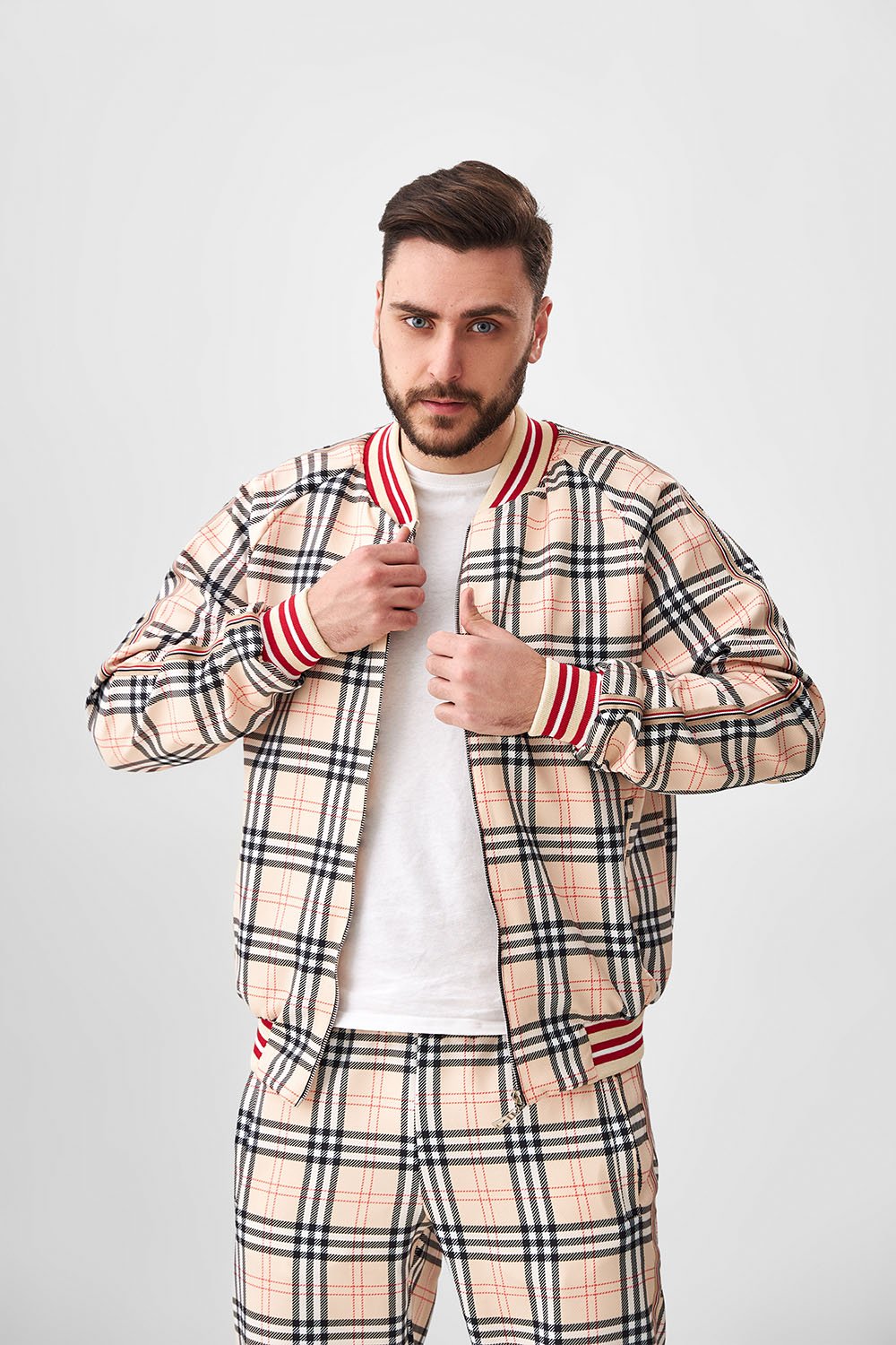 Cream Plaid Gentlemen Tracksuit — front view, another angle