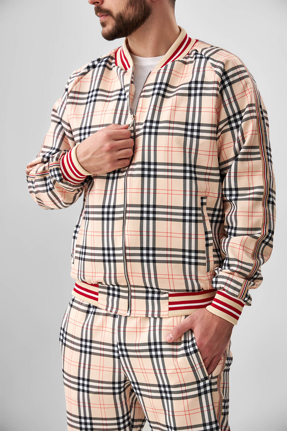 Cream Plaid Gentlemen Tracksuit — close-up of the bomber jacket