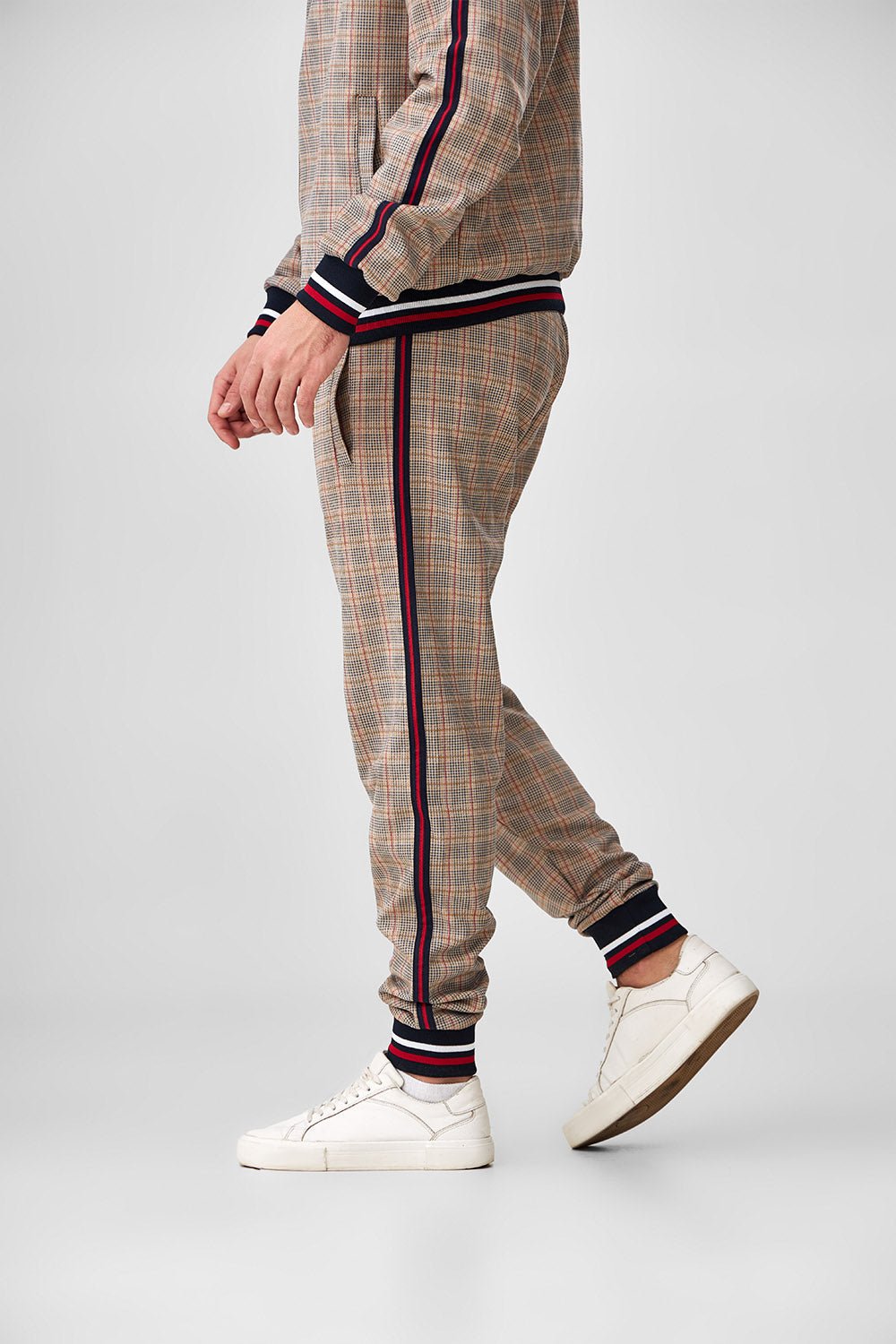 Beige Plaid Gentlemen Tracksuit — close-up of the joggers with side stripe