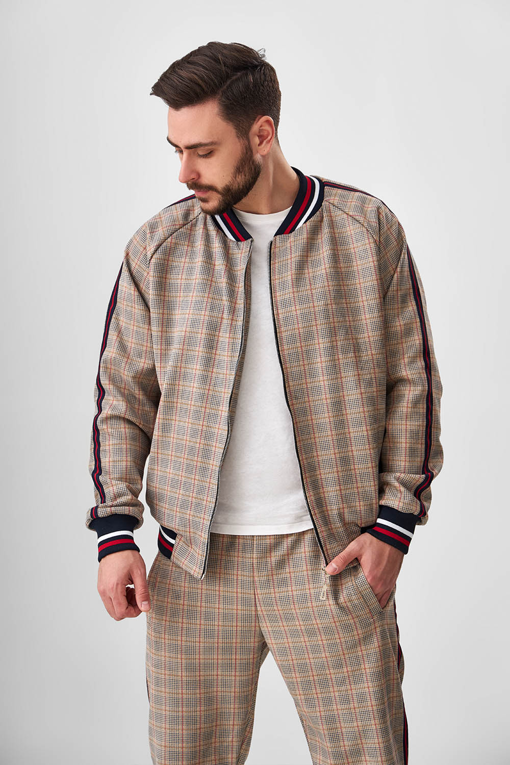 Beige Plaid Gentlemen Tracksuit — close-up of the bomber jacket, three-quarter view