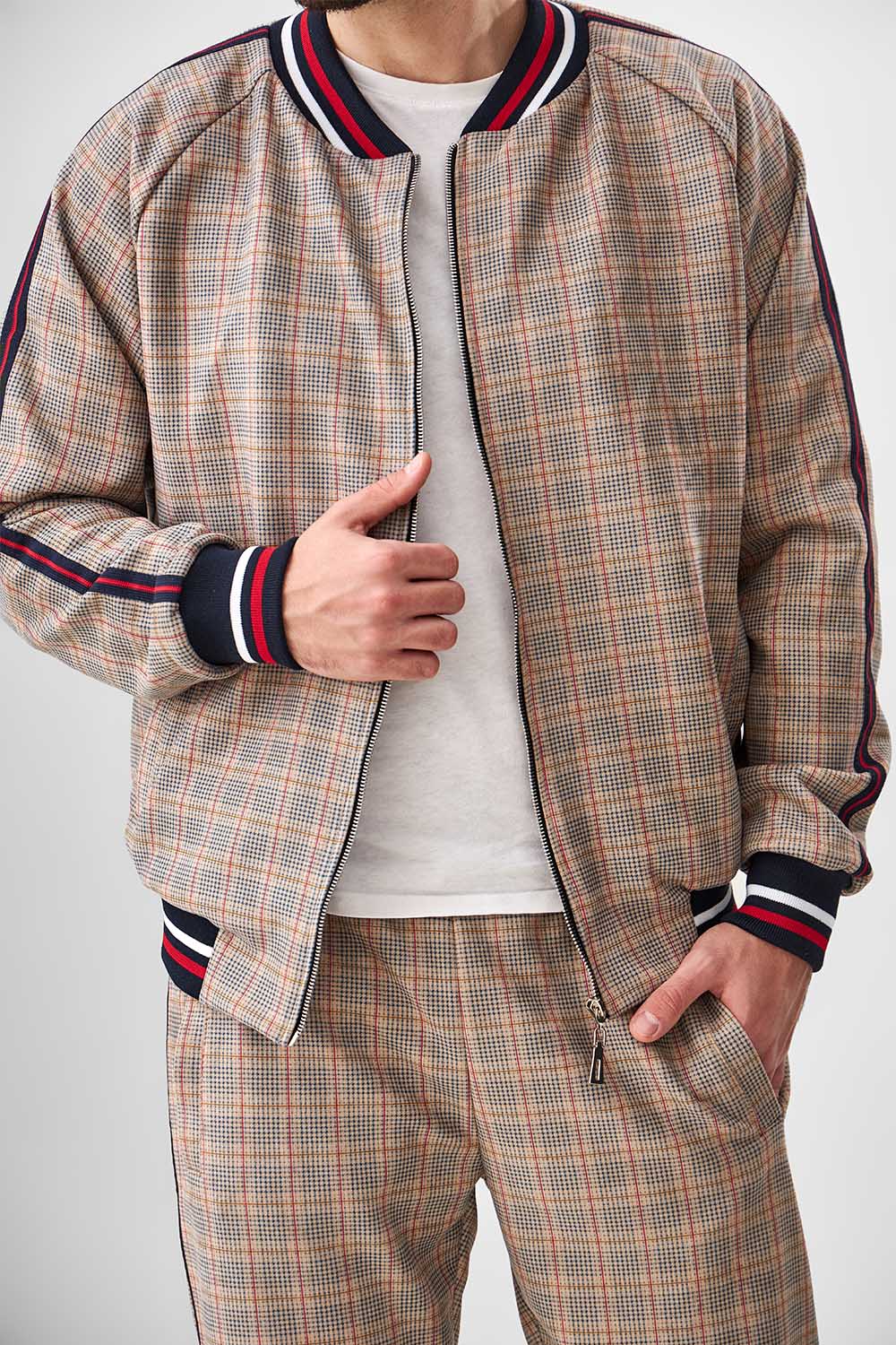 Beige Plaid Gentlemen Tracksuit — close-up of the open bomber jacket