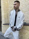 Premium White Pinstripe Colin Farrell Gentlemen Tracksuit — pinstripe bomber jacket and joggers, jacket close-up
