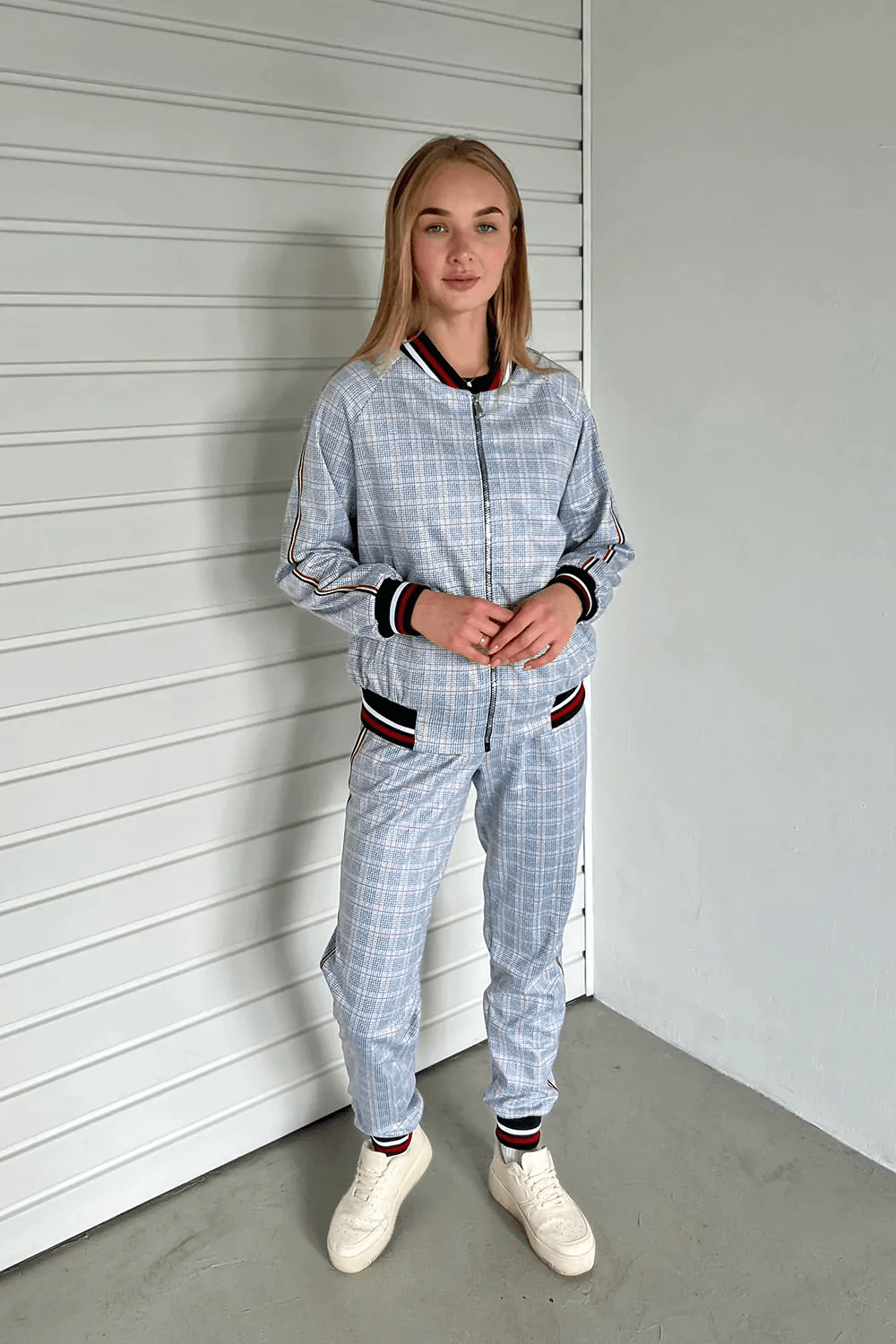Women's Light Grey Check Tracksuit — check bomber jacket and joggers inspired by The Gentlemen, front view