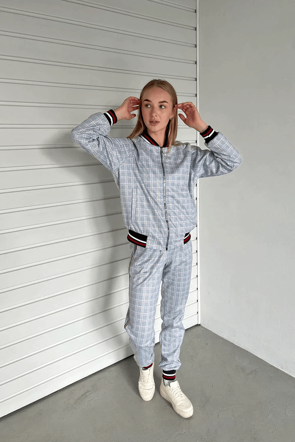 Women's Light Grey Check Tracksuit — front view, another angle