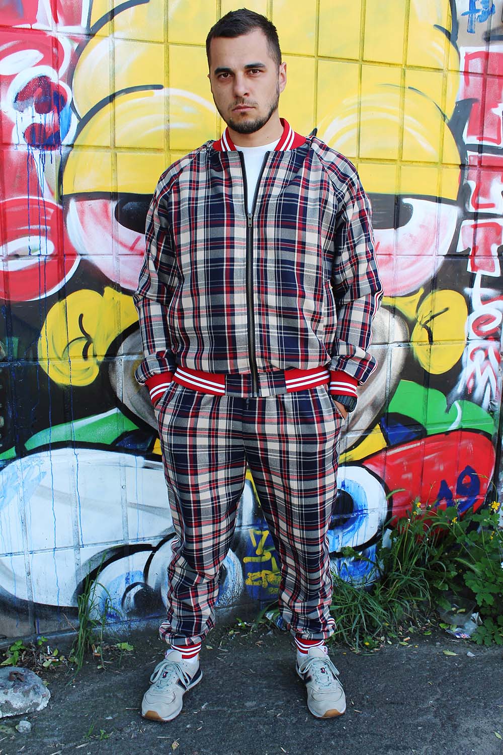 Premium Red & Beige Plaid Gentlemen Tracksuit — front view