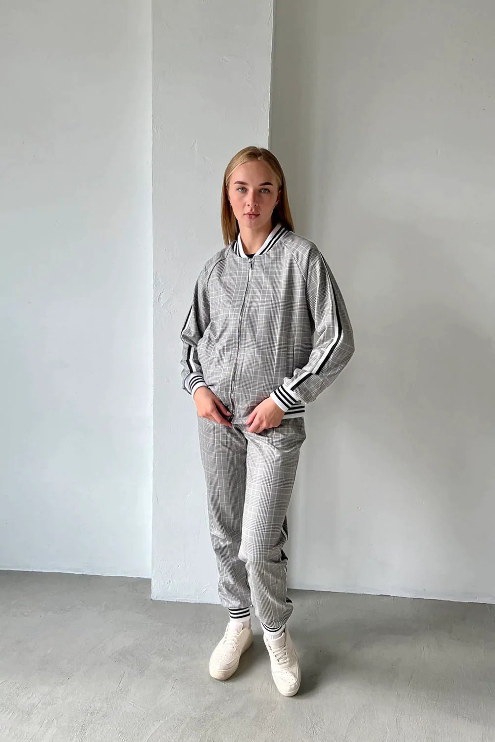 Women's Grey Glen Plaid Tracksuit — glen plaid bomber jacket and joggers inspired by The Gentlemen, front view