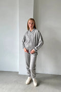 Women's Grey Glen Plaid Tracksuit — glen plaid bomber jacket and joggers inspired by The Gentlemen, front view