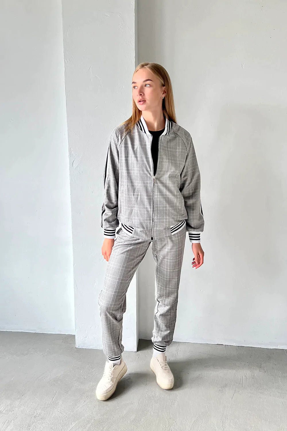 Women's Grey Glen Plaid Tracksuit — three-quarter front view