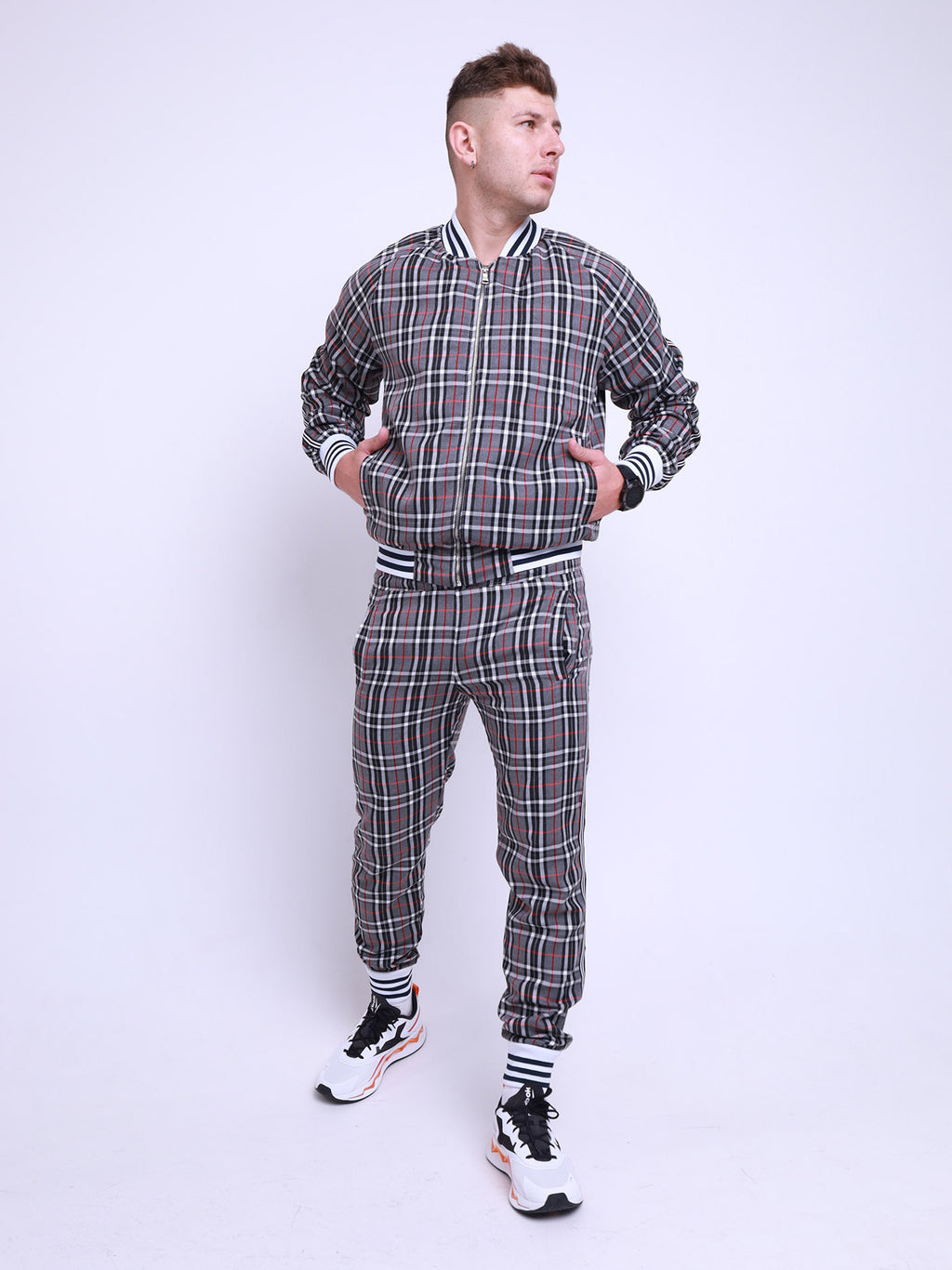 Grey Tartan Gentlemen Tracksuit — tartan bomber jacket and joggers, front view